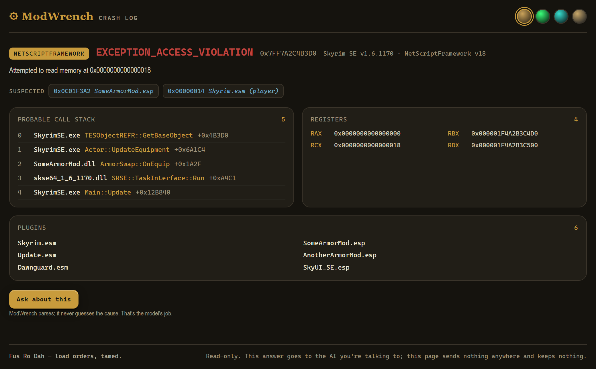 The crash log page: an access violation laid out into its exception, suspected form IDs, call stack, registers and loaded plugins.