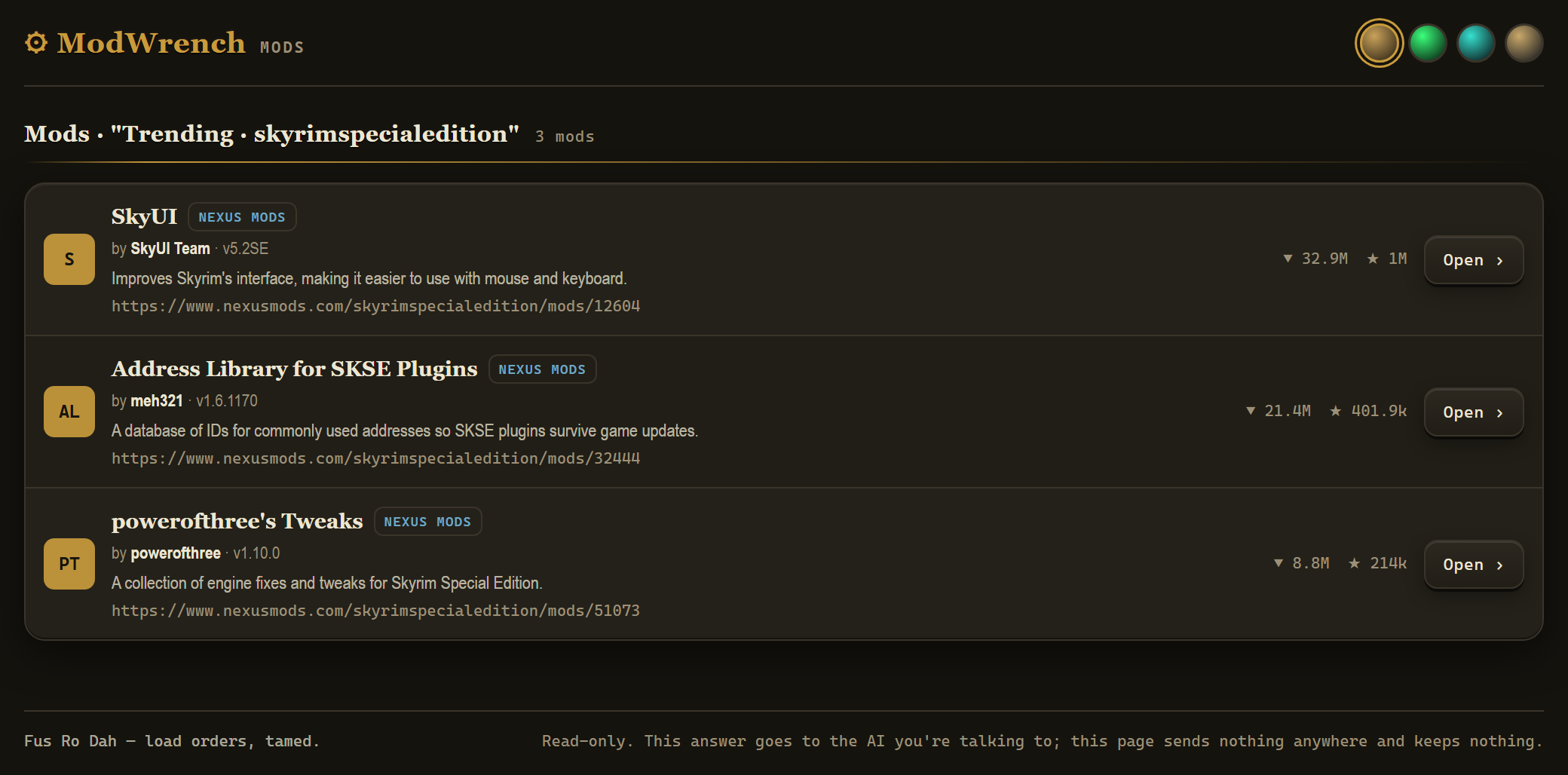 The mods page: three Skyrim mods, each with author, platform, version, download and endorsement counts.